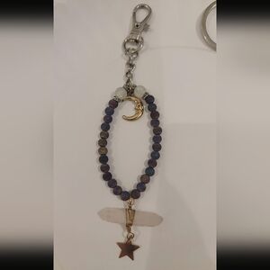 Wire Wrapped Crystal Quartz Moon and Star Keychain